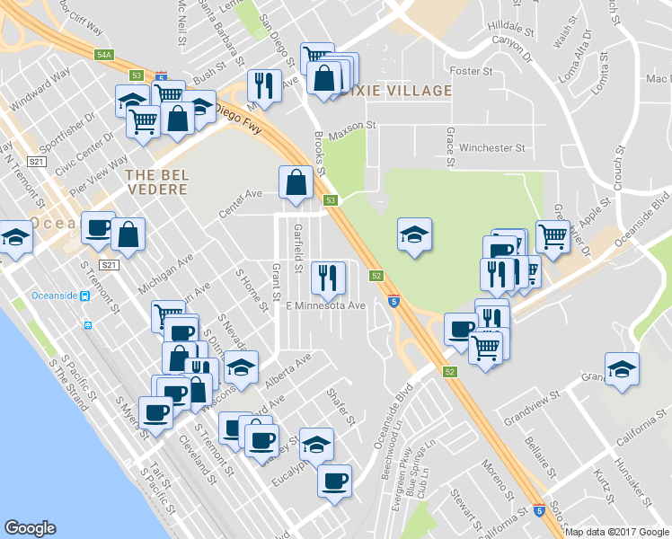 map of restaurants, bars, coffee shops, grocery stores, and more near 509 Rockledge Street in Oceanside