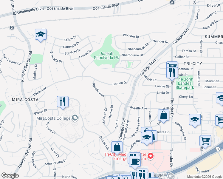 map of restaurants, bars, coffee shops, grocery stores, and more near 3568 Roselle Avenue in Oceanside