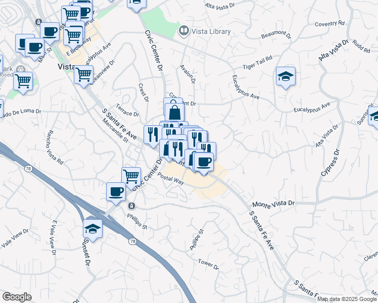map of restaurants, bars, coffee shops, grocery stores, and more near 960 South Santa Fe Avenue in Vista