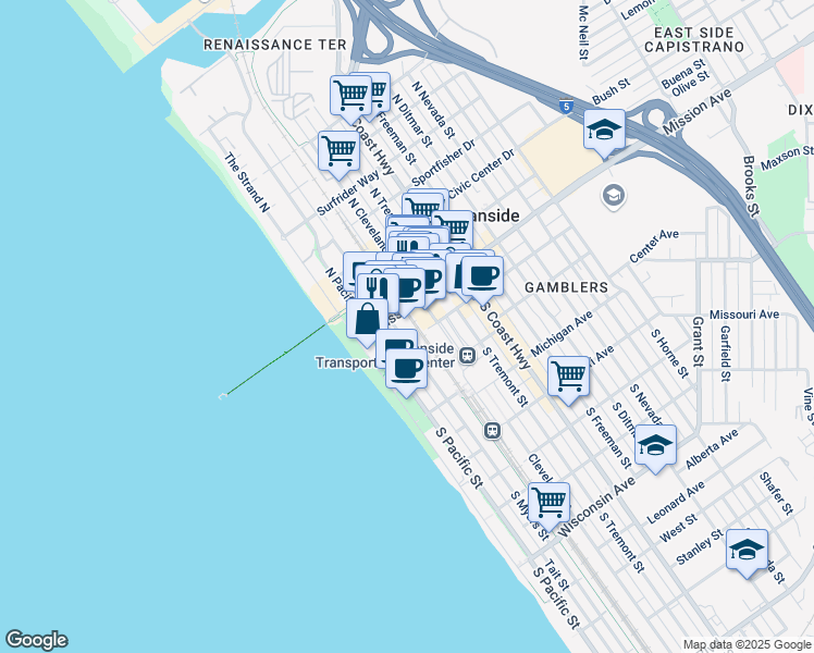 map of restaurants, bars, coffee shops, grocery stores, and more near 102 South Myers Street in Oceanside