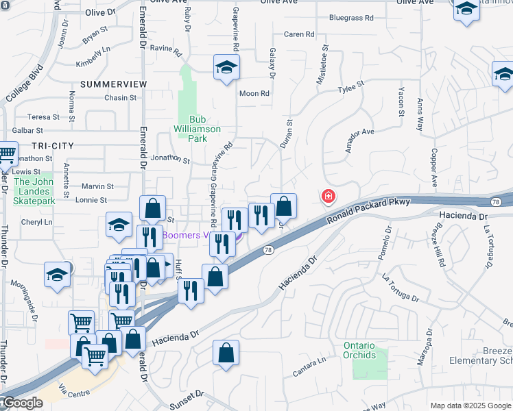 map of restaurants, bars, coffee shops, grocery stores, and more near 173 Durian Street in Vista