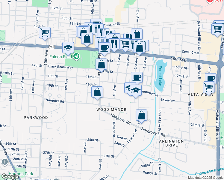 map of restaurants, bars, coffee shops, grocery stores, and more near 25 Wood Manor in Tuscaloosa