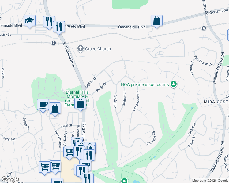 map of restaurants, bars, coffee shops, grocery stores, and more near 2025 Valley Road in Oceanside