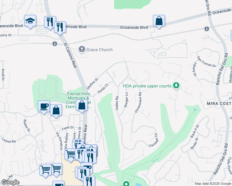 map of restaurants, bars, coffee shops, grocery stores, and more near 2025 Valley Road in Oceanside