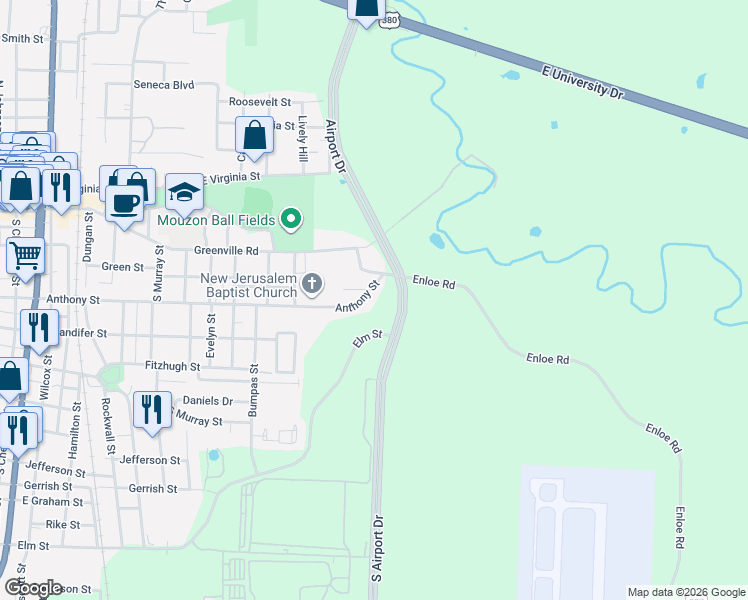map of restaurants, bars, coffee shops, grocery stores, and more near 1504 Anthony Street in McKinney