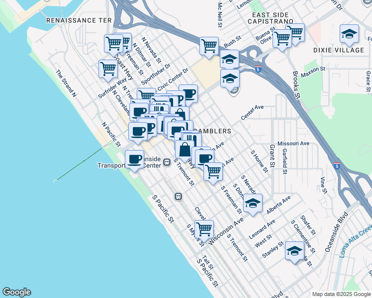 map of restaurants, bars, coffee shops, grocery stores, and more near 205 South Coast Highway in Oceanside