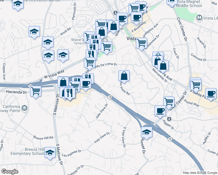 map of restaurants, bars, coffee shops, grocery stores, and more near 493 Bandini Place in Vista