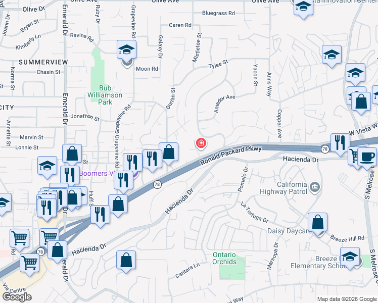 map of restaurants, bars, coffee shops, grocery stores, and more near 1255 West Vista Way in Vista