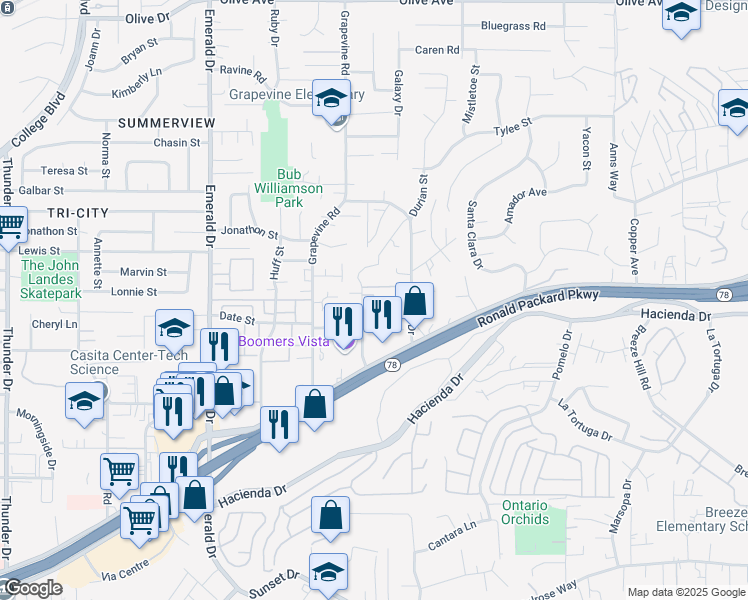 map of restaurants, bars, coffee shops, grocery stores, and more near 244 Saratoga Court in Vista