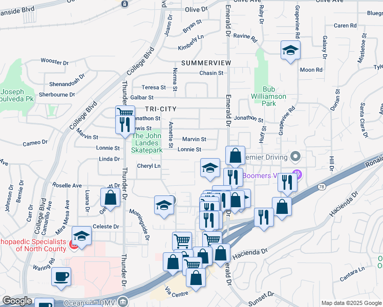 map of restaurants, bars, coffee shops, grocery stores, and more near 1845 Date Street in Vista
