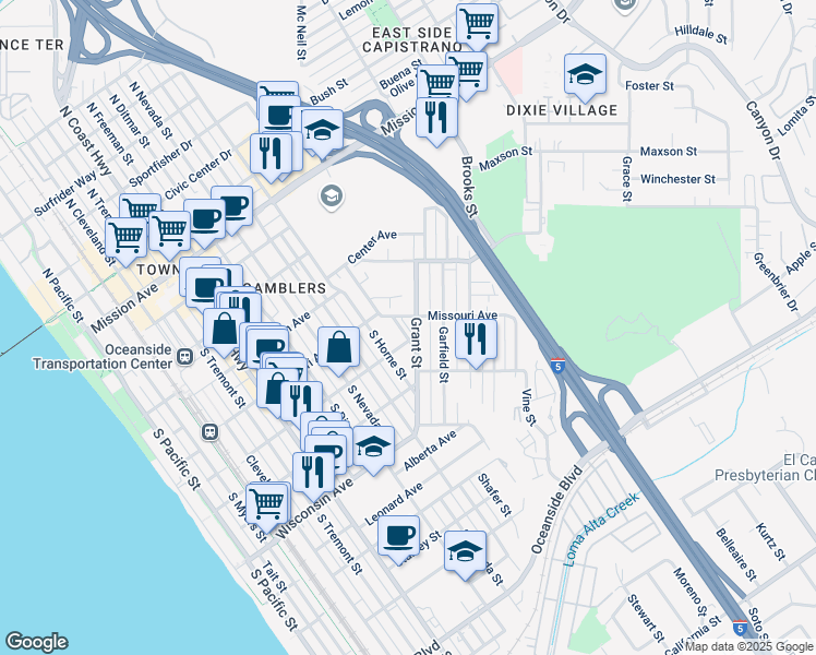 map of restaurants, bars, coffee shops, grocery stores, and more near 1014 Washington Avenue in Oceanside