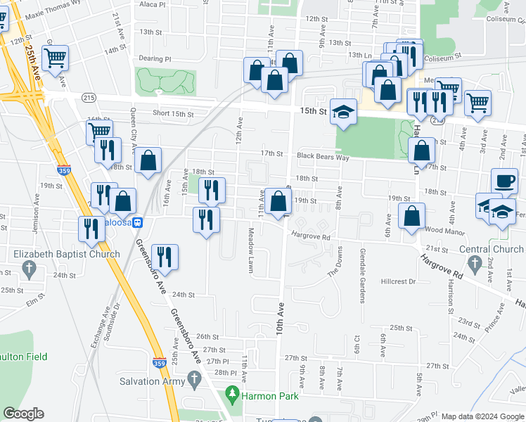 map of restaurants, bars, coffee shops, grocery stores, and more near 1919 11th Avenue in Tuscaloosa