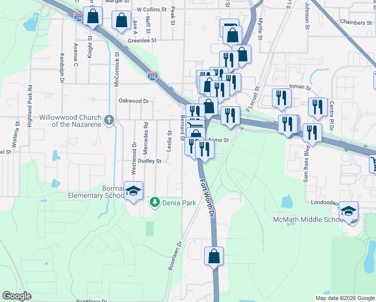 map of restaurants, bars, coffee shops, grocery stores, and more near 2103 Bernard Street in Denton