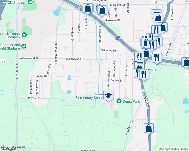 map of restaurants, bars, coffee shops, grocery stores, and more near 1519 Willowwood Street in Denton