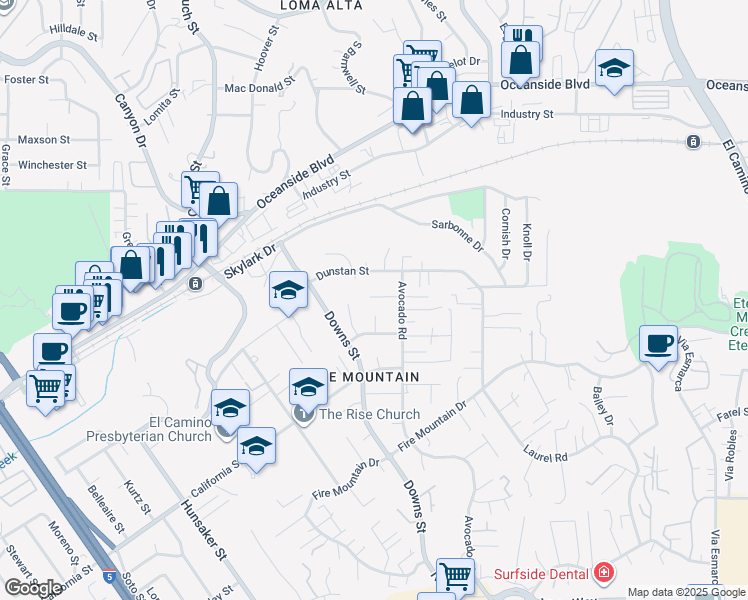 map of restaurants, bars, coffee shops, grocery stores, and more near 1427 Avocado Road in Oceanside