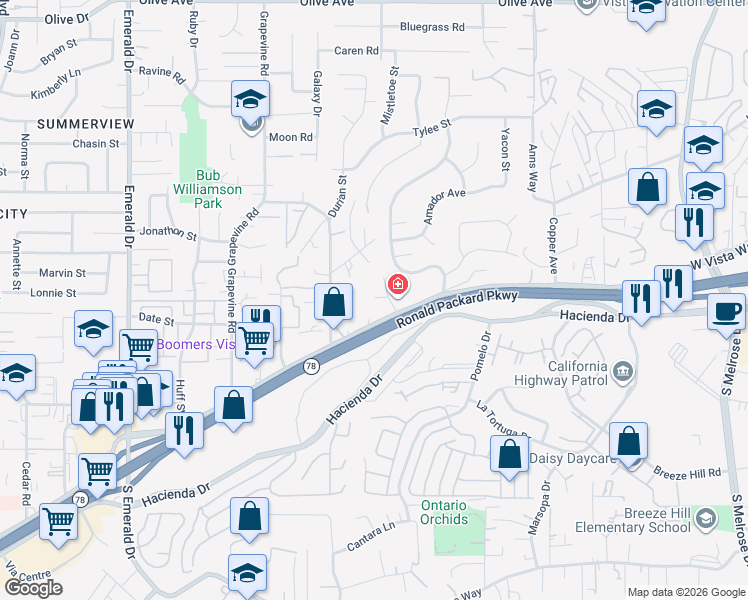 map of restaurants, bars, coffee shops, grocery stores, and more near 1255 West Vista Way in Vista