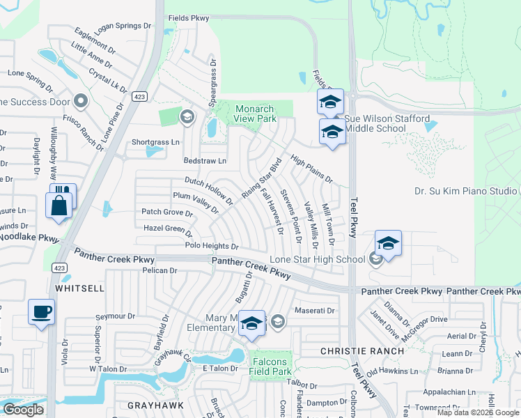 map of restaurants, bars, coffee shops, grocery stores, and more near 13881 Badger Creek Drive in Frisco