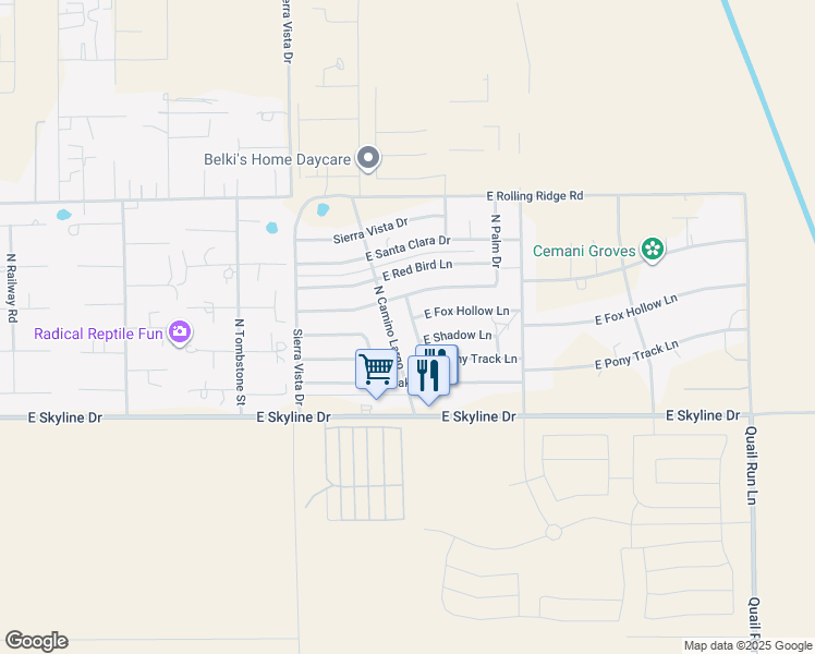 map of restaurants, bars, coffee shops, grocery stores, and more near 34620 North Camino Largo in San Tan Valley
