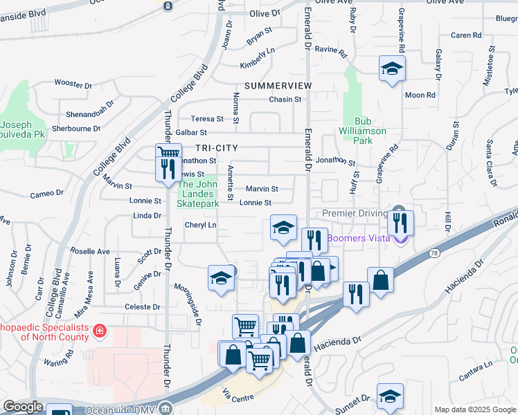 map of restaurants, bars, coffee shops, grocery stores, and more near 1845 Date Street in Vista