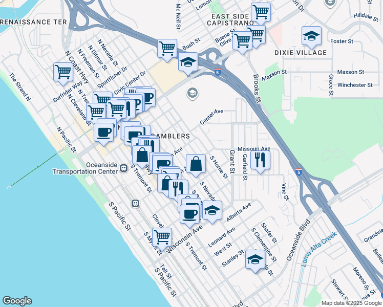 map of restaurants, bars, coffee shops, grocery stores, and more near 317 South Clementine Street in Oceanside