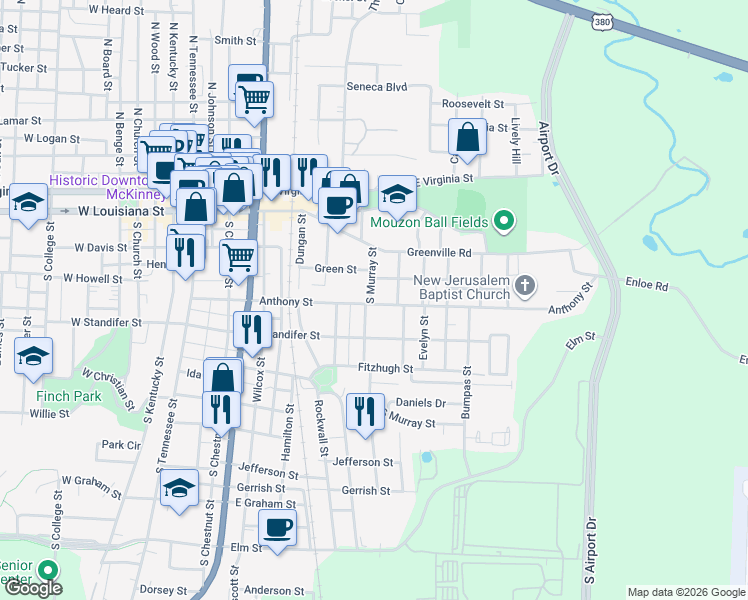 map of restaurants, bars, coffee shops, grocery stores, and more near 403 South Murray Street in McKinney