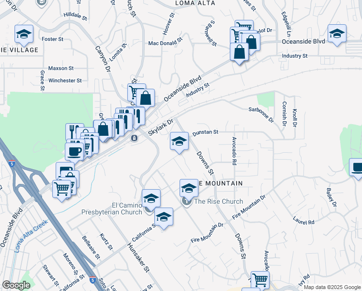 map of restaurants, bars, coffee shops, grocery stores, and more near 2166 Grandview Street in Oceanside