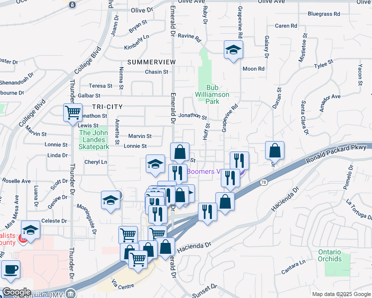 map of restaurants, bars, coffee shops, grocery stores, and more near 415 North Emerald Drive in Vista