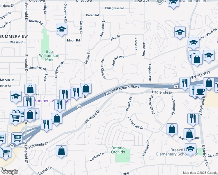 map of restaurants, bars, coffee shops, grocery stores, and more near 1215 West Vista Way in Vista