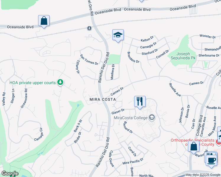 map of restaurants, bars, coffee shops, grocery stores, and more near 3436 Cameo Drive in Oceanside