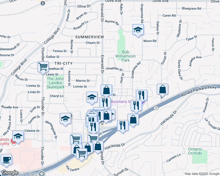 map of restaurants, bars, coffee shops, grocery stores, and more near 306 Date Street in Vista