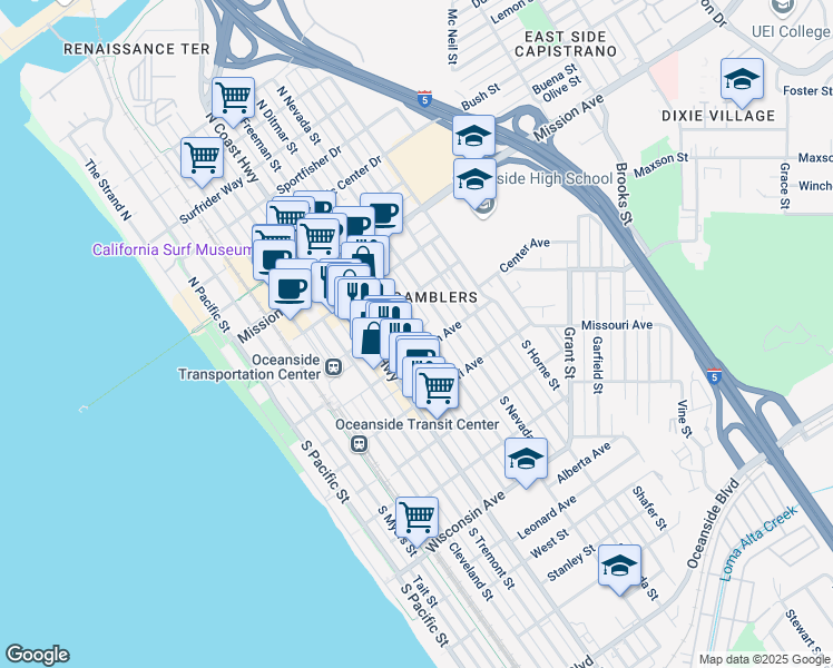 map of restaurants, bars, coffee shops, grocery stores, and more near 237 South Freeman Street in Oceanside