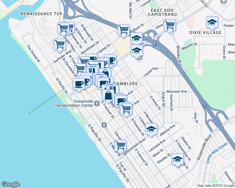map of restaurants, bars, coffee shops, grocery stores, and more near 237 South Freeman Street in Oceanside
