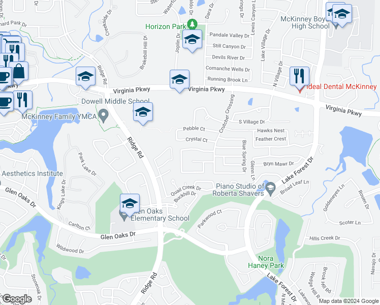 map of restaurants, bars, coffee shops, grocery stores, and more near 5513 Broken Bend Drive in McKinney