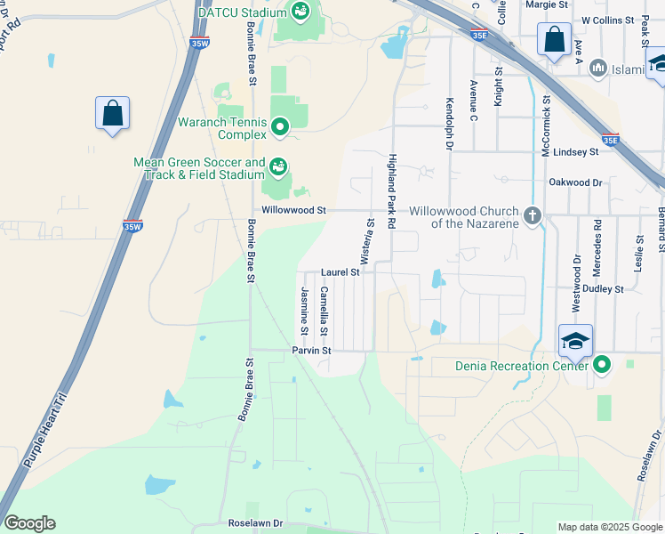 map of restaurants, bars, coffee shops, grocery stores, and more near 2200 Laurel Street in Denton