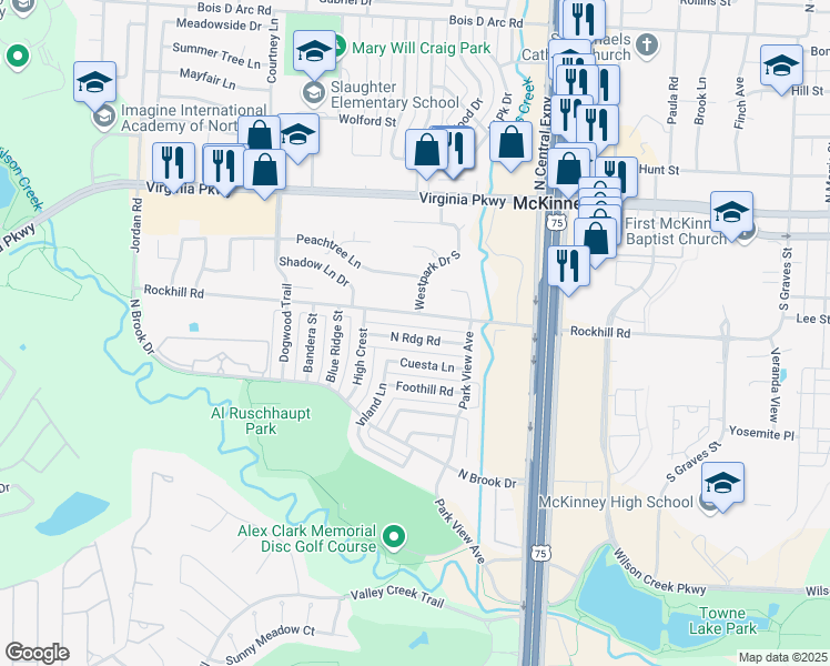 map of restaurants, bars, coffee shops, grocery stores, and more near 2322 North Ridge Road in McKinney