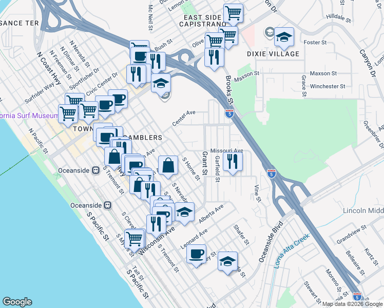 map of restaurants, bars, coffee shops, grocery stores, and more near 1115 Missouri Avenue in Oceanside