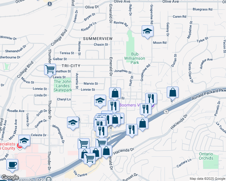map of restaurants, bars, coffee shops, grocery stores, and more near 415 Emerald Drive in Vista
