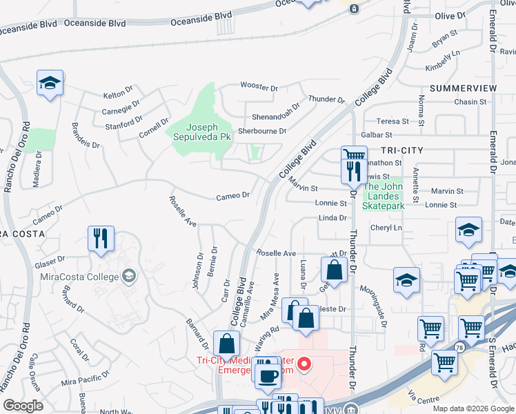map of restaurants, bars, coffee shops, grocery stores, and more near 2899 College Boulevard in Oceanside