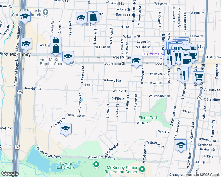 map of restaurants, bars, coffee shops, grocery stores, and more near 1105 West Cole Street in McKinney