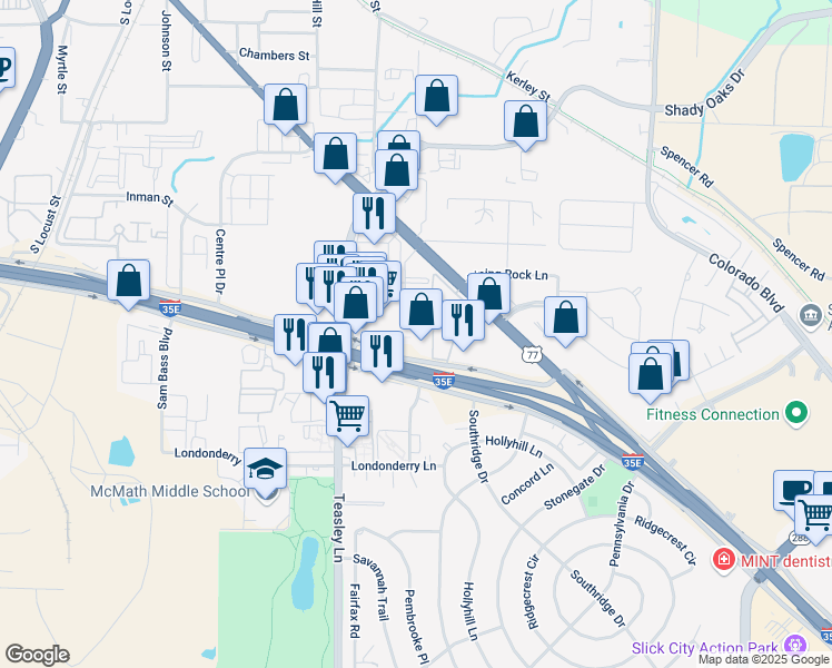map of restaurants, bars, coffee shops, grocery stores, and more near in Denton