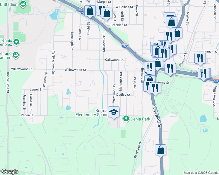 map of restaurants, bars, coffee shops, grocery stores, and more near 2118 Westwood Drive in Denton