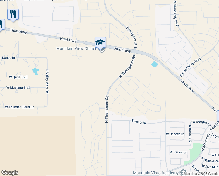 map of restaurants, bars, coffee shops, grocery stores, and more near North Thompson Road in Queen Creek