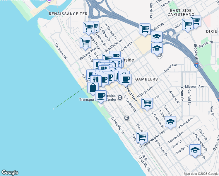 map of restaurants, bars, coffee shops, grocery stores, and more near 102 South Myers Street in Oceanside