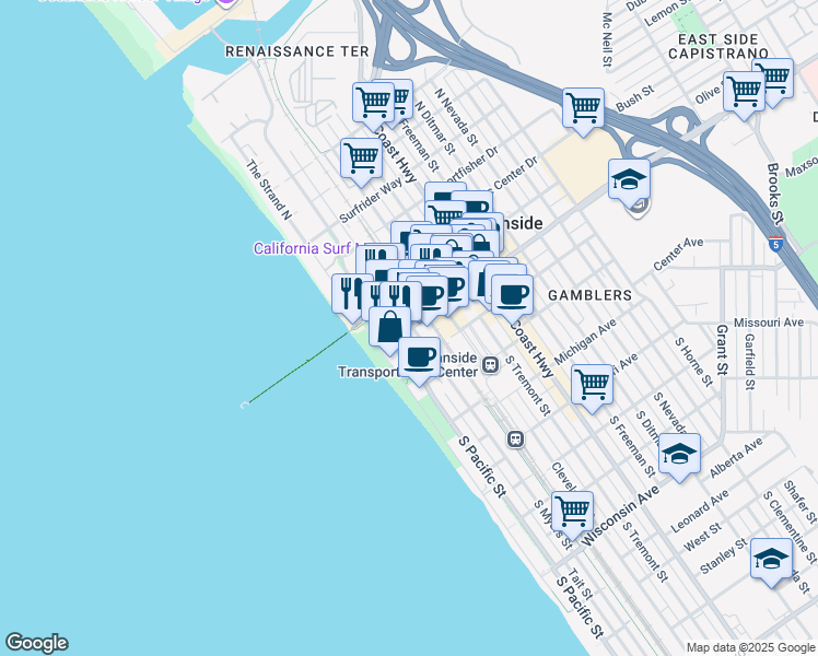 map of restaurants, bars, coffee shops, grocery stores, and more near in Oceanside