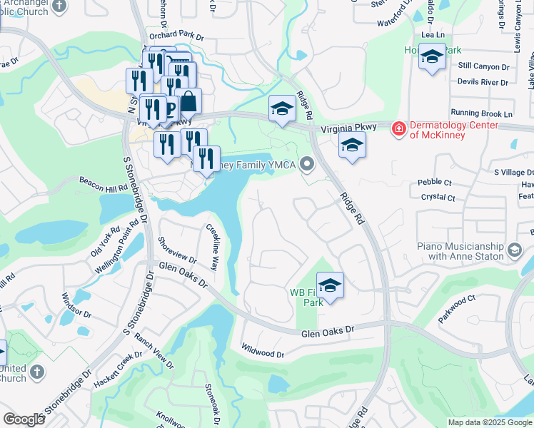 map of restaurants, bars, coffee shops, grocery stores, and more near 308 Park Lake Drive in McKinney