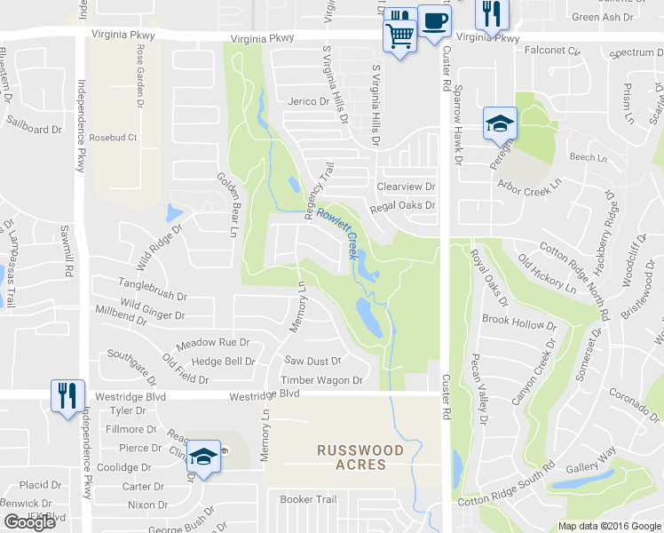 map of restaurants, bars, coffee shops, grocery stores, and more near 913 Deer Ridge Trail in McKinney