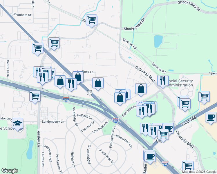 map of restaurants, bars, coffee shops, grocery stores, and more near 1504 San Gabriel Drive in Denton