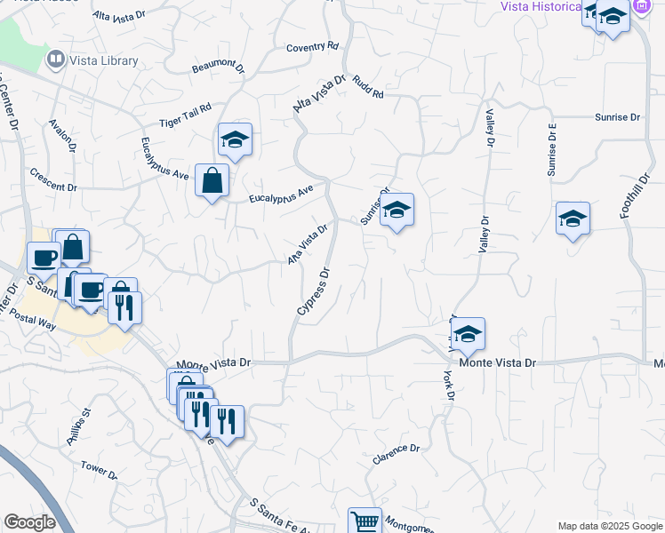 map of restaurants, bars, coffee shops, grocery stores, and more near 830 Cypress Drive in Vista