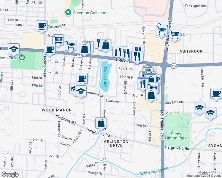 map of restaurants, bars, coffee shops, grocery stores, and more near 1 Forest Lake Drive in Tuscaloosa