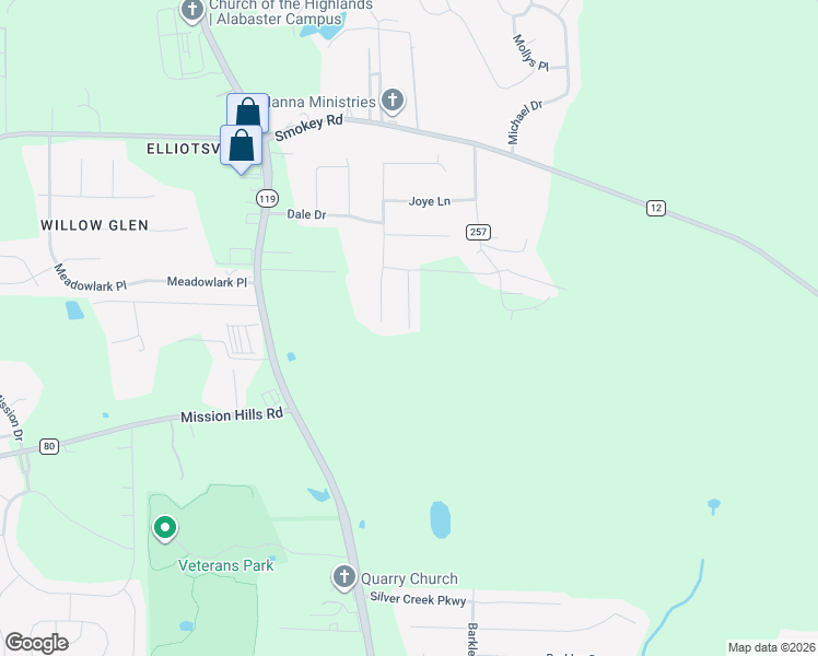 map of restaurants, bars, coffee shops, grocery stores, and more near 200 Brenda Drive in Alabaster